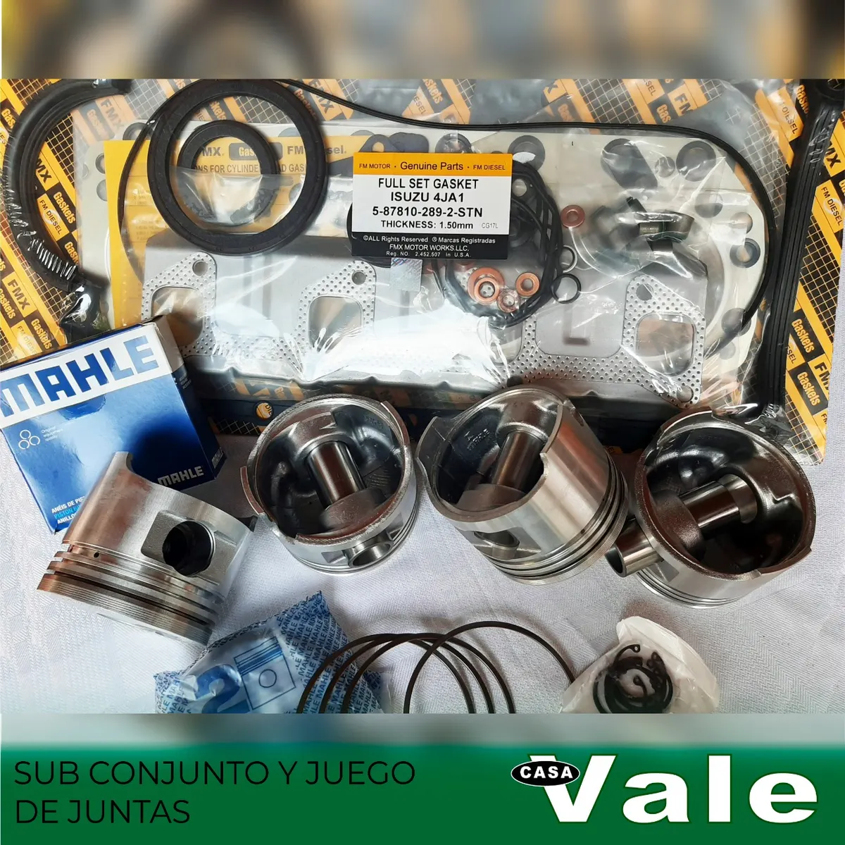 Pistones Mahle y juego de juntas de motor, de los repuestos que se venden en Casa Vale